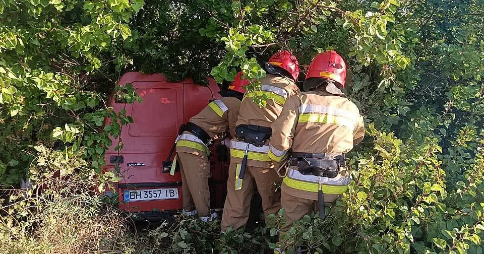 Рятувальники біля червоного пікапа, що заїхав у кущі біля дороги